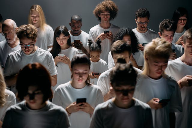 Más comunicación e información pero también mayor dependencia emocional Muchas personas en un espacio sombrío mirando sus teléfonos móbiles